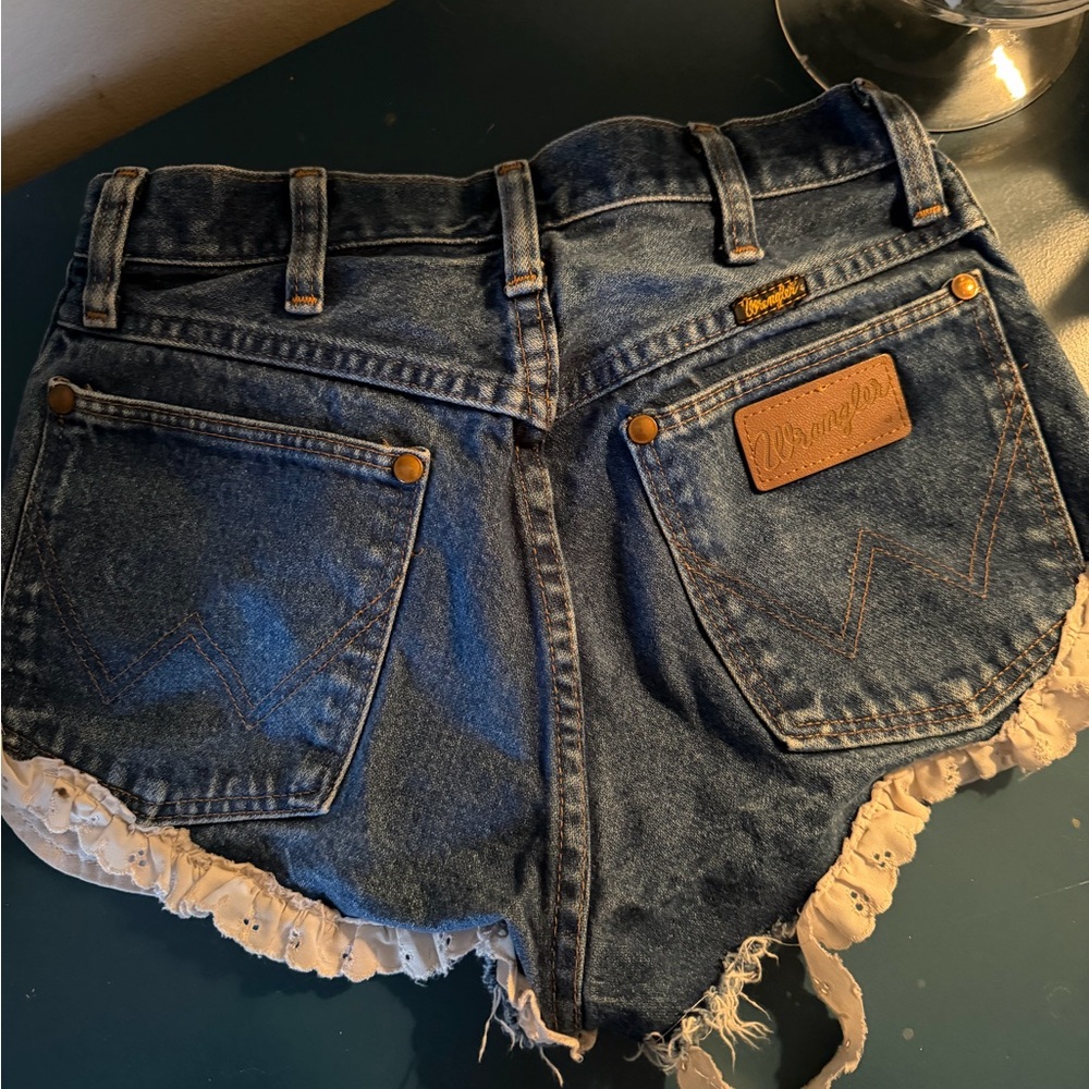Wrangler Women's Dark Blue Frayed Denim Shorts (lace will need restitching)